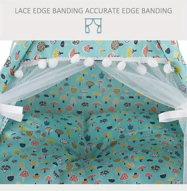 a turquoise fabric pet tent for cats and dogs featuring a mushroom pattern, white mesh curtains, and pom-pom trim.