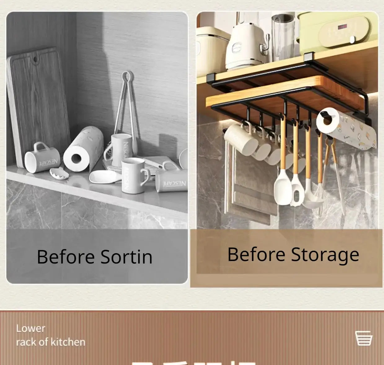 under shelf basket storage rack metal cabinet organizer in black metal with wooden accents holding mugs utensils and a roll of paper towels