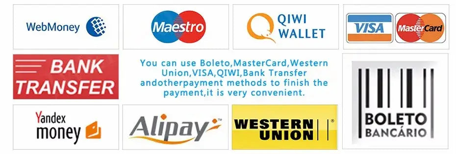 The Beatles leather braided bracelet with a glass dome jewelry detail is shown alongside logos of various payment methods including webmoney, maestro, qiwi wallet, visa, mastercard, bank transfer, yandex money, alipay, western union, and boleto bancário.