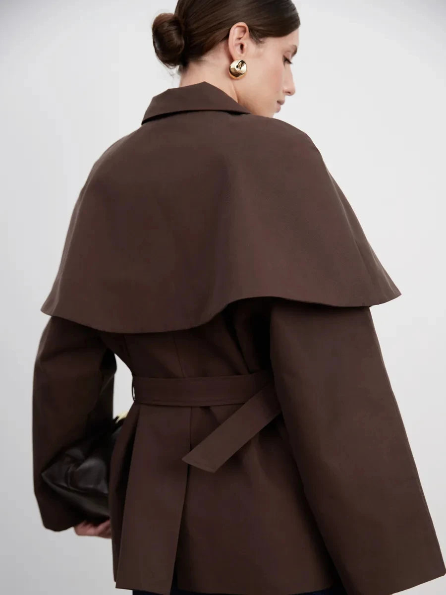 2026 Autumn Winter Women Trench Coat Cape Overlay Belted Waist Single Button Mid Length Jacket