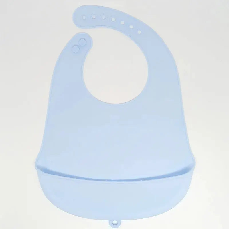 The baby feeding bib is made of silicone and has a water-resistant design. It is suitable for feeding purposes.