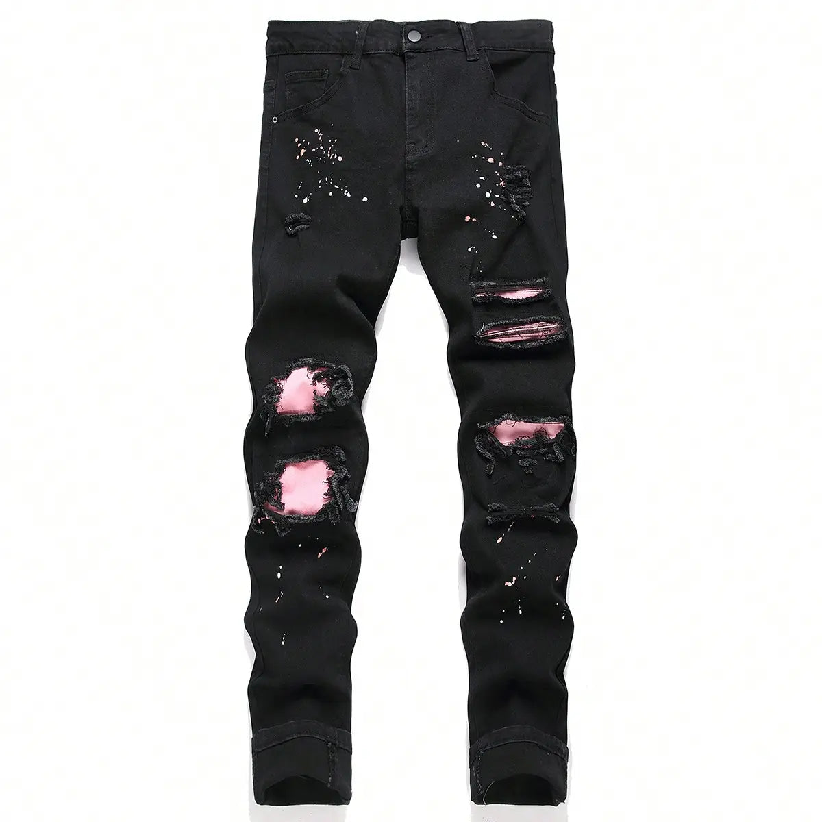 Jeans denim skinny extensibles déchirés Y2K pour hommes en noir, denim délavé, avec une doublure intérieure rose et des accents d’éclaboussures de peinture blanche.