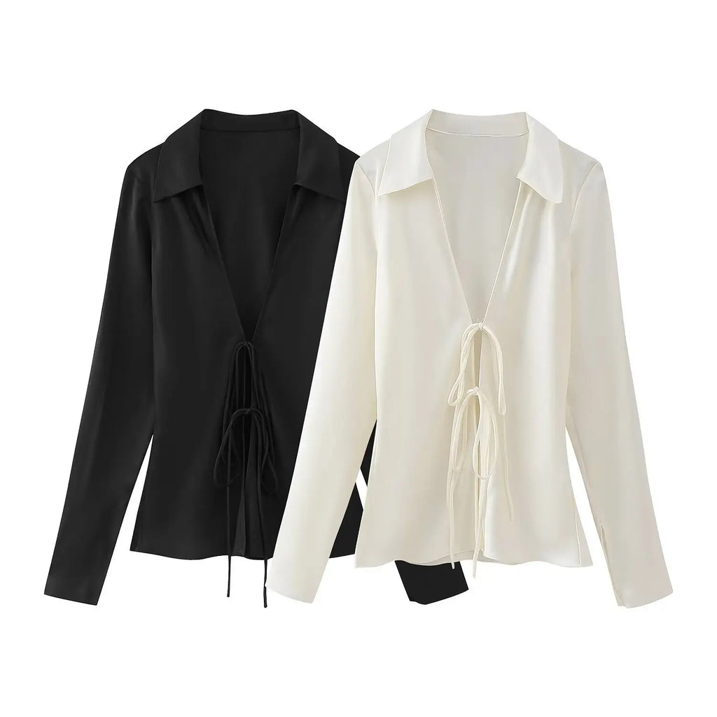 Women's Elegant Satin Shirt Blouses Lapel Long Sleeve Bowknot Lace-up Shirts Tops Female Temperament Slim V-neck Tops Streetwear