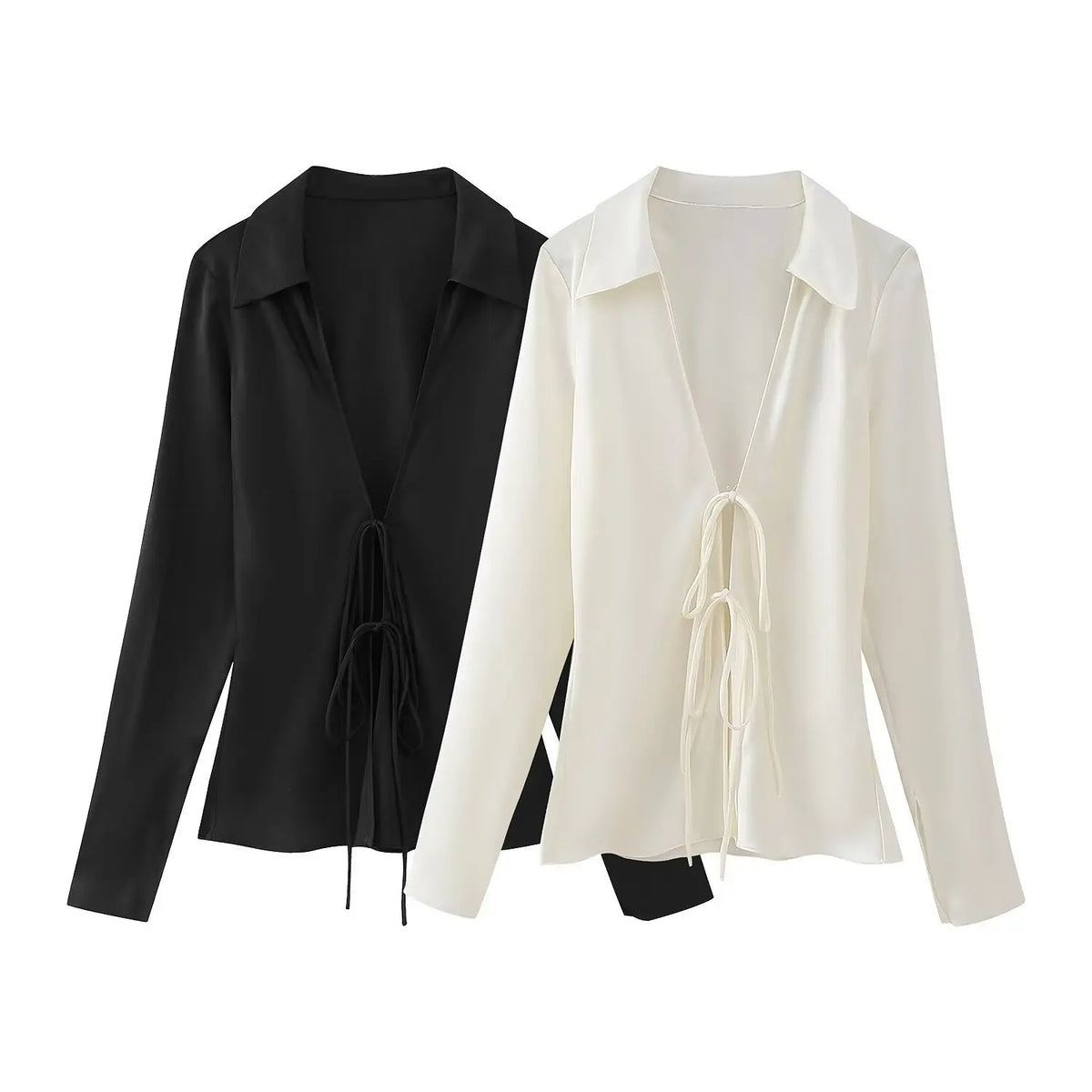 Women's Elegant Satin Shirt Blouses Lapel Long Sleeve Bowknot Lace-up Shirts Tops Female Temperament Slim V-neck Tops Streetwear