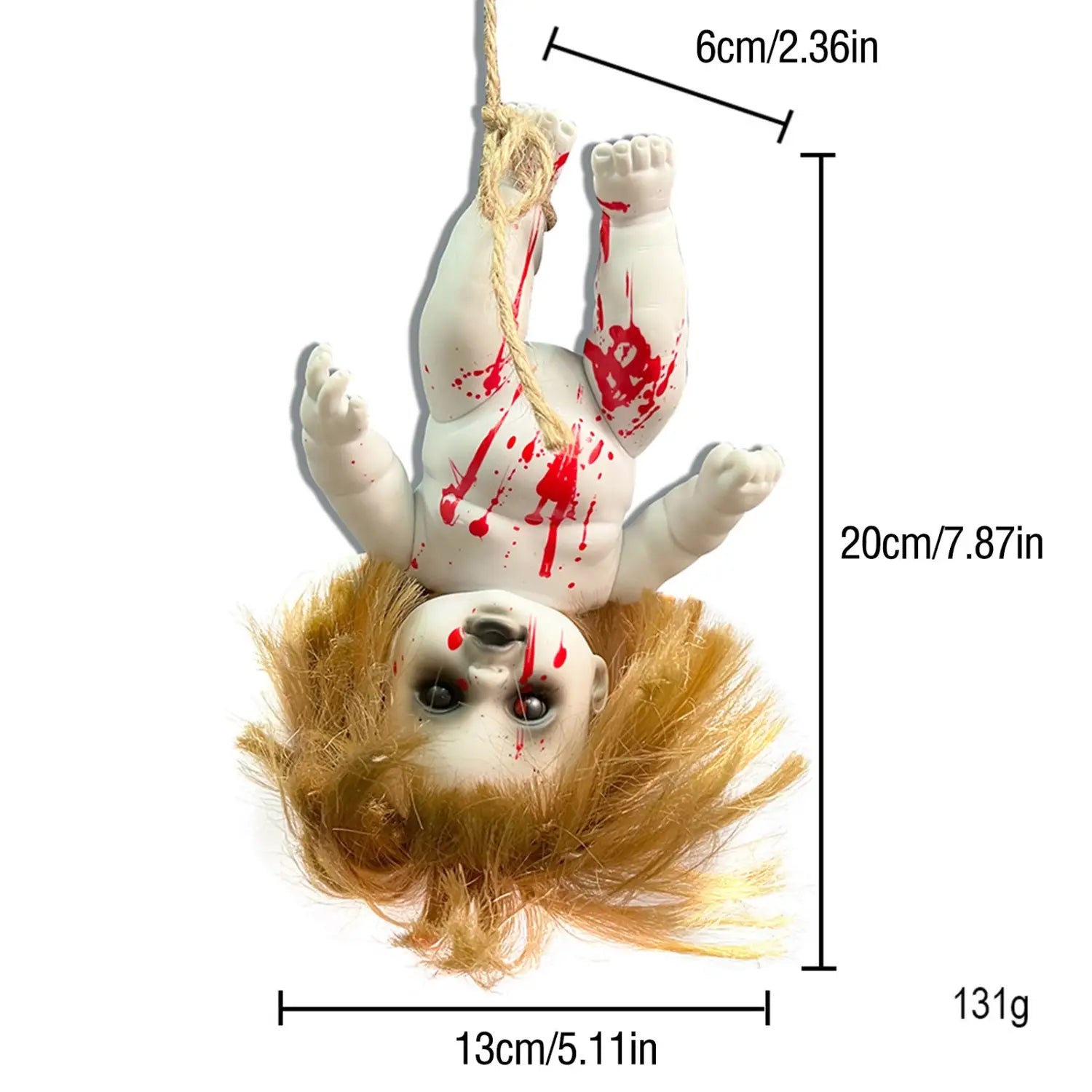 white plastic halloween hanging ghost doll with blonde hair and red paint splatters hanging by a rope for spooky decoration