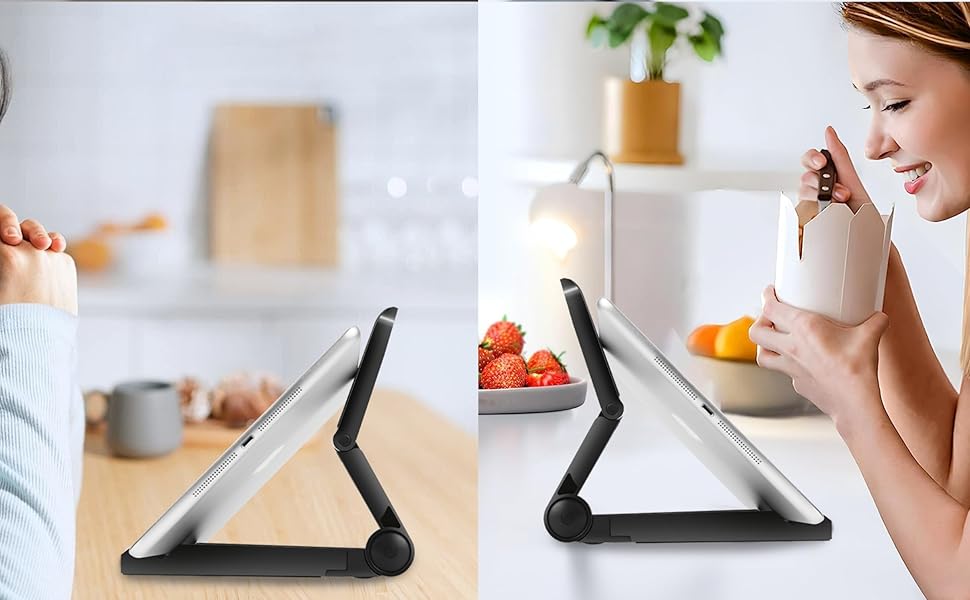 Black and silver foldable tablet phone stand made of metal designed as an adjustable desk holder for portable monitors and tablet phones.