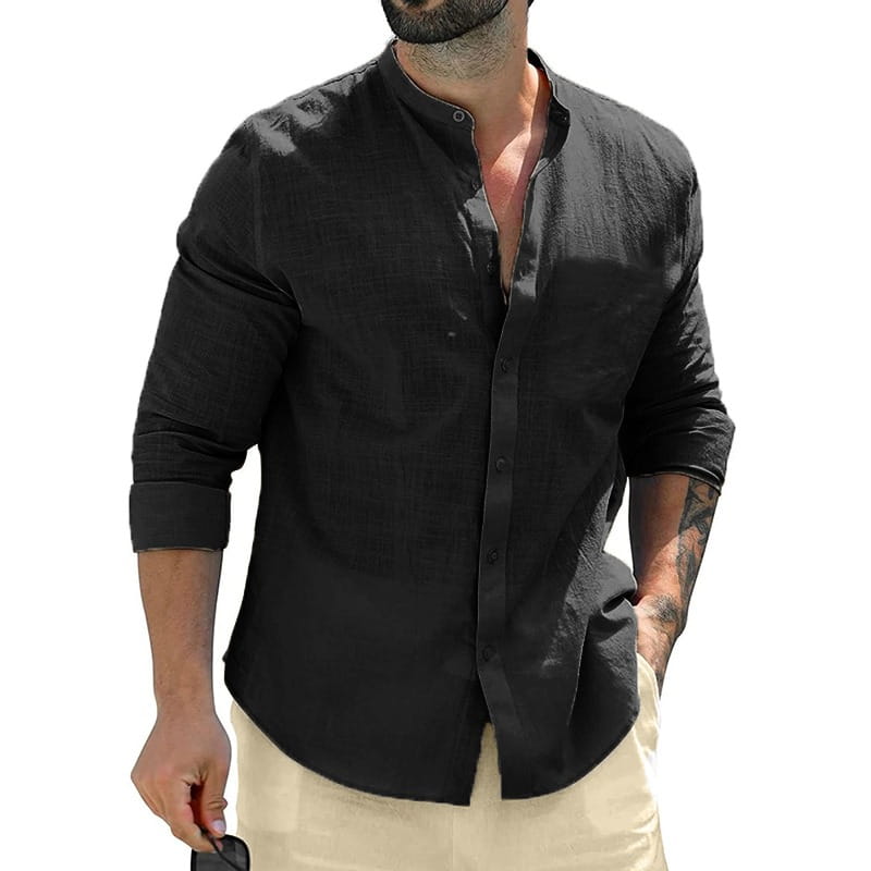 Chemise décontractée en lin pour homme à col mandarin noire à manches longues, avec fermeture boutonnée sur le devant et poignets retroussés.