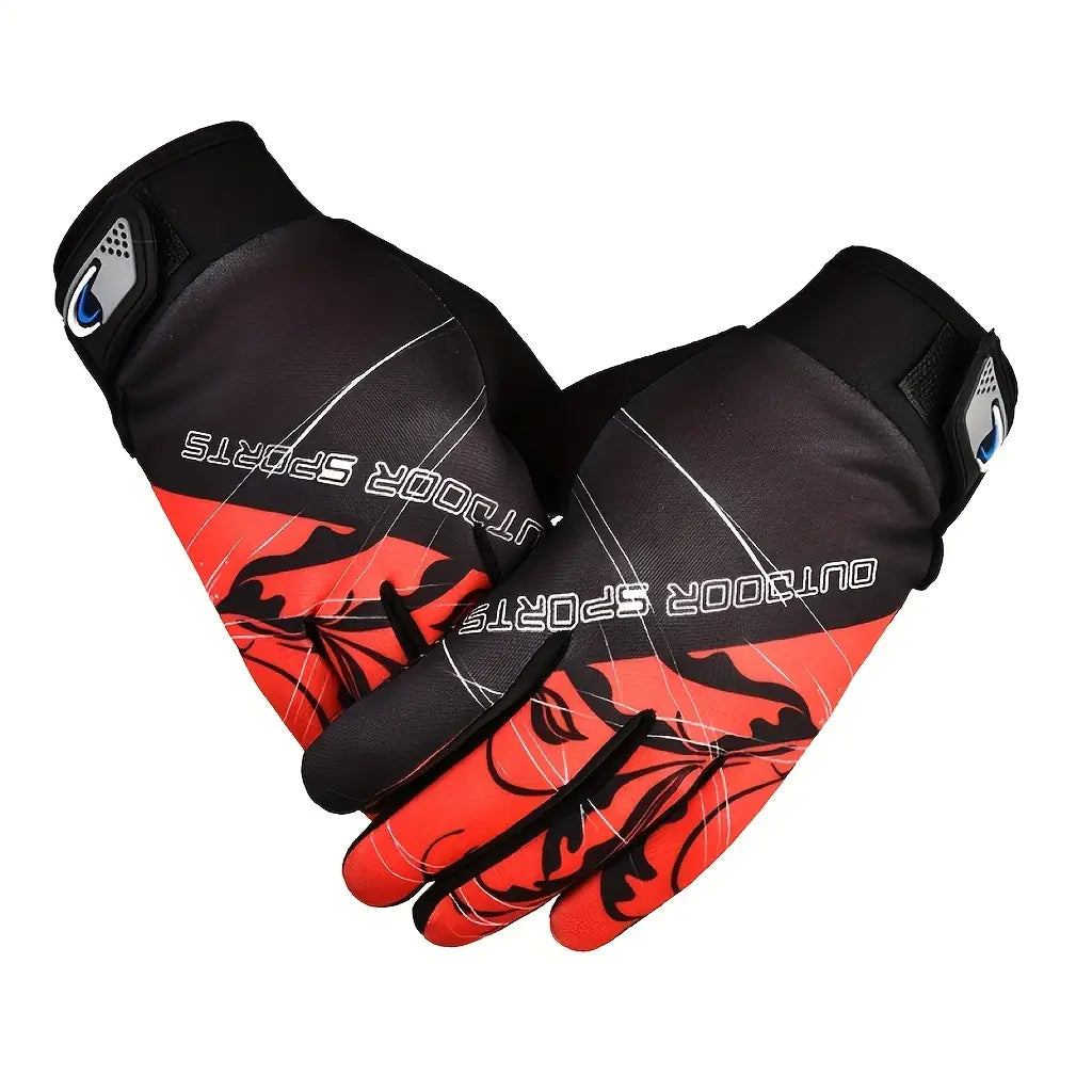 Herren-Radfahrhandschuhe, atmungsaktiv für Outdoor-Sport, mit Handgelenksausführung; mit der Rückseite aus schwarzem und leuchtend rotem synthetischem Gewebe, mit kräftigen flammenartigen Grafiken und Akzenten aus weißer Ziernaht