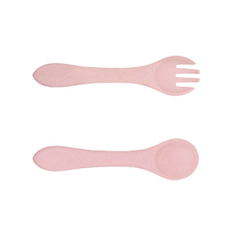 pink silicone baby spoon and fork set with suction base designed for infant feeding