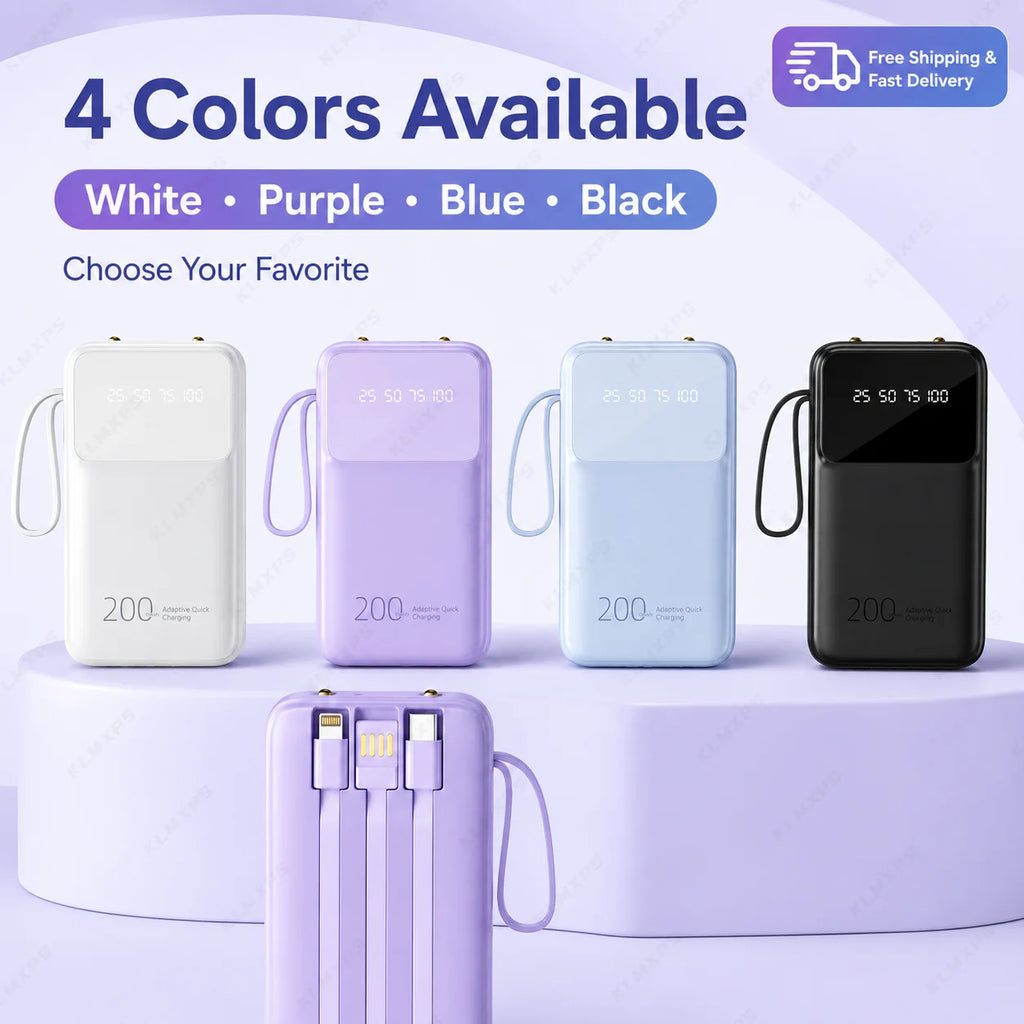 20000mAh Portable Power Bank Built-in 3 Cables Rechargeable External Battery Pack with Digital Display for iPhone Android