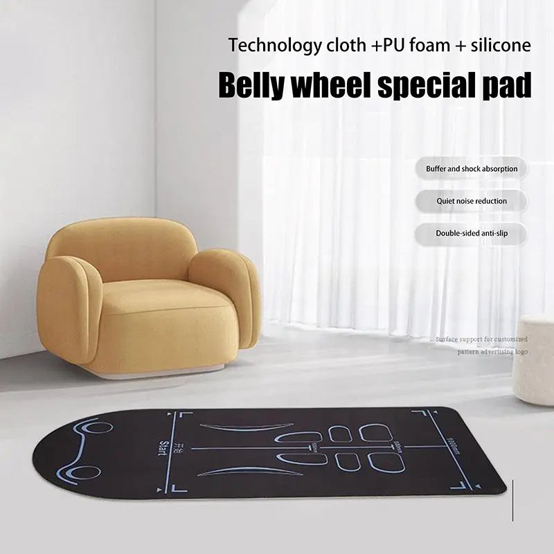 Black abdominal wheel mat made of technology cloth pu foam and silicone with white line markings featuring a non slip tpe fitness pad design.