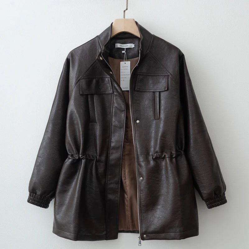 Women Fashion 2025 Fall / Autumn Pu Leather Jacket with Elastic adjustable waist Female Coat and Outerwear