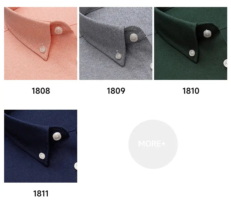 Men cotton oxford long sleeve casual shirt with a button-down collar in soft peach, heather gray, deep green, or navy blue featuring a subtle textured weave and matching pearl-like buttons.