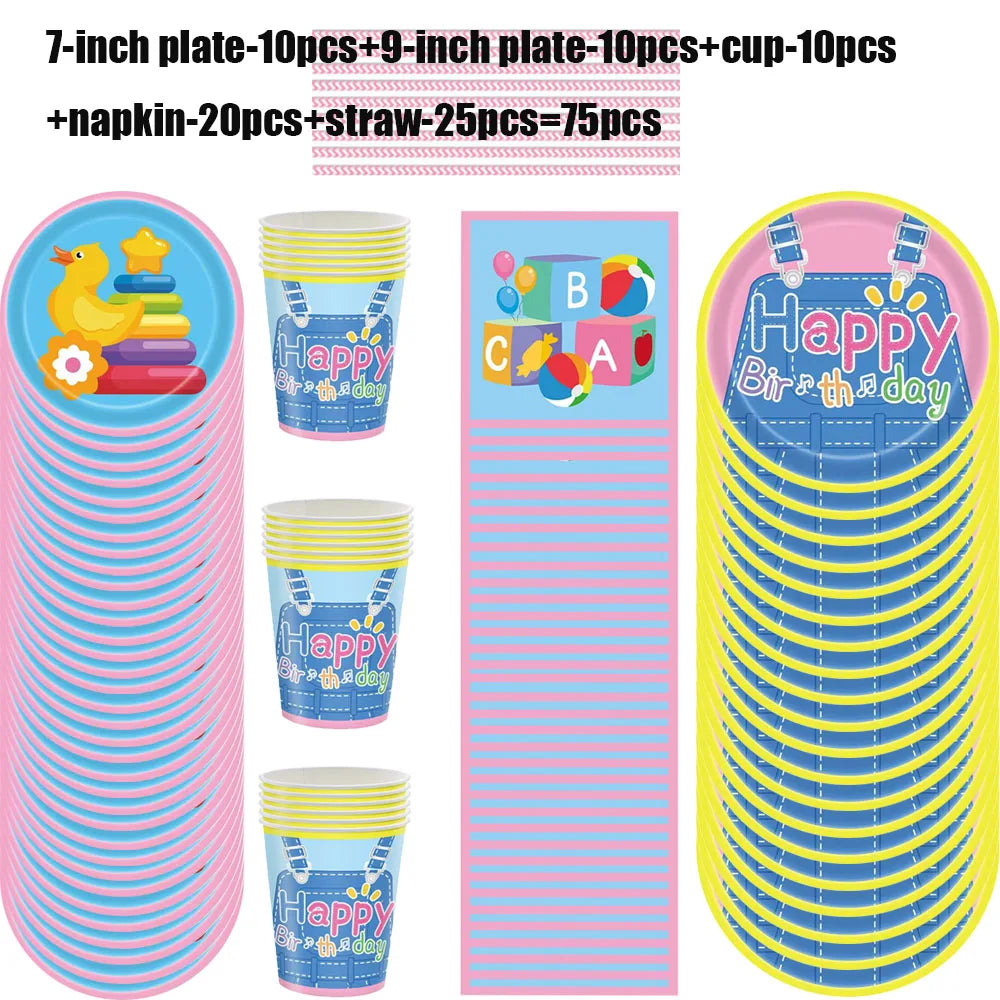 New Disposable tableware set Strap Pants Birthday Party Tablecloth Early Education Children's Party Desktop Supplies