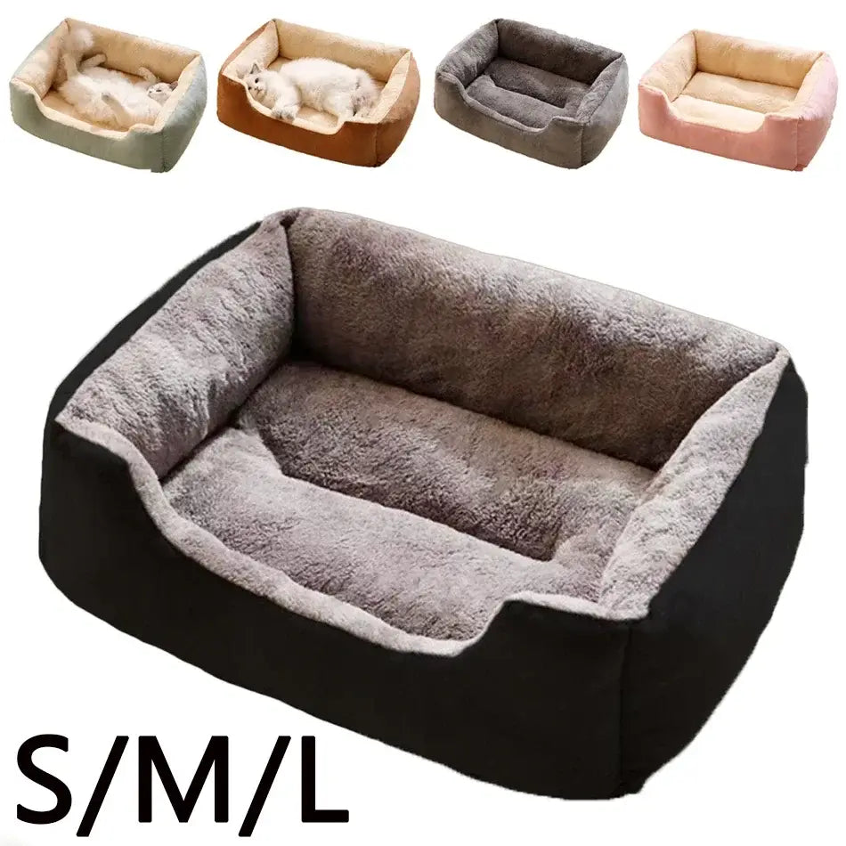 Soft gray and black plush rectangular cat bed featuring a soft cushioned interior for comfortable pet resting.