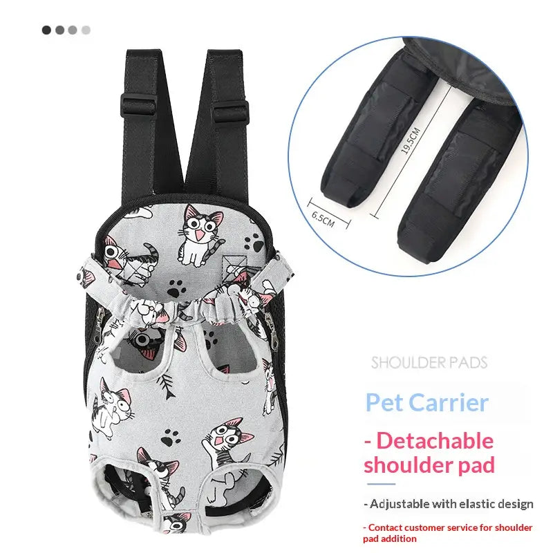 Gray cat-themed pet carrier backpack with black adjustable shoulder straps and elastic design for small dog and cat travel bag in gray large size.