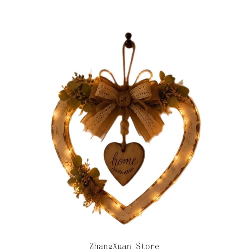 Plaque murale en forme de cœur à DEL au style rustique pour la décoration du foyer, comprenant une couronne en bois en forme de cœur à tons chauds, ornée d’un nœud en dentelle, d’une verdure factice et de lumières à DEL illuminées.
