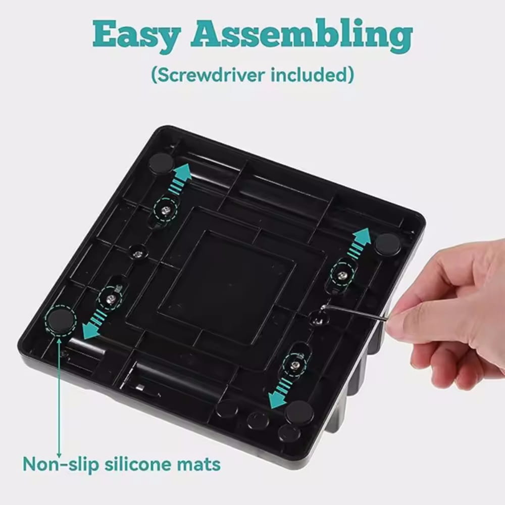 black plastic base of adjustable width laptop and tablet stand with non-slip silicone mats and screw holes for easy assembling to customize the opening size