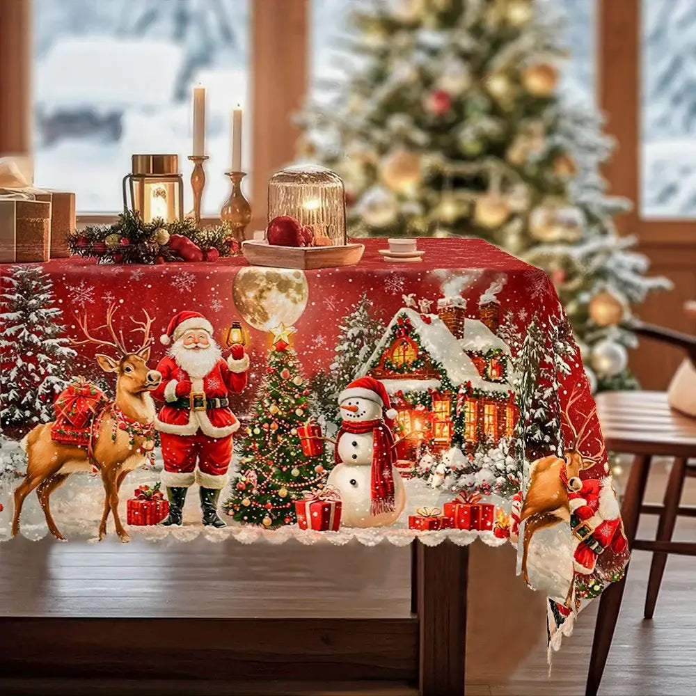 Christmas tablecloth red featuring santa reindeer a snowman and a decorated house with white lace trim for winter holiday use.