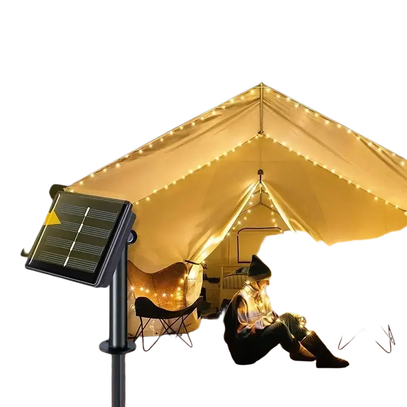 Black solar-powered outdoor light with rectangular panel and pole mount for copper wire solar string lamp decoration