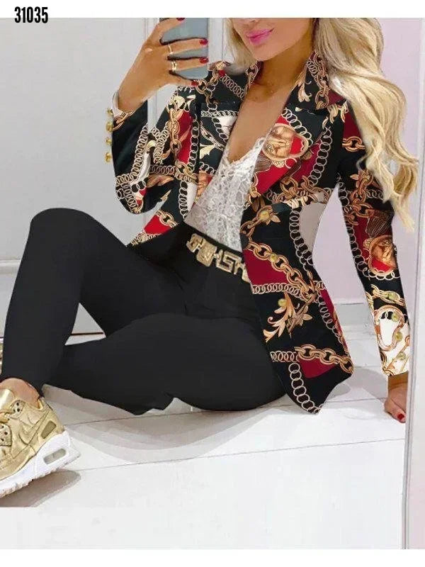 2026 Women Formal Jacket & Trousers Office Lady Outfits Autumn Women Two Pieces Set Print Blazer Coat & Pants Suit Sets Female