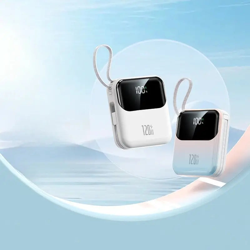 power bank 20000mah 120w fast charging pastel in white and light blue with sleek rectangular design, integrated carrying loops, and digital displays showing 100 percent charge.