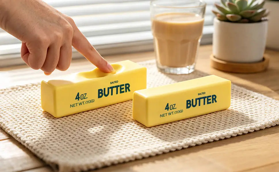 Ein langsam aufgehendes, weiches, knetbares Fidget-Spielzeug mit Buttersensationen: gelbe gesalzene Buttersstangen, mit grün beschriftetem Etikett und einem Finger, der auf eine Stange zeigt.