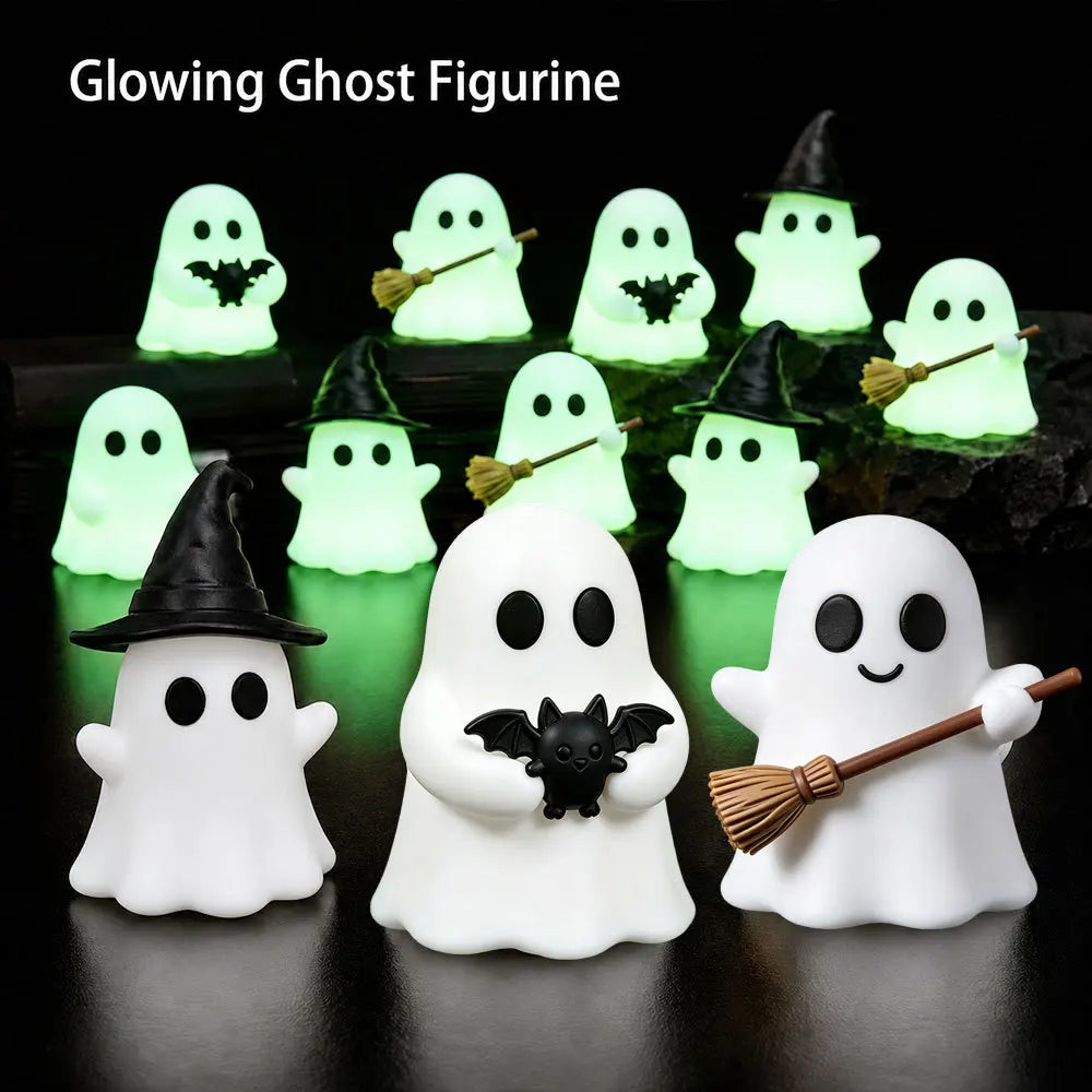 Halloween-themed desktop decoration scene - cute little ghosts, decorative items, mini glowing micro-landscape
