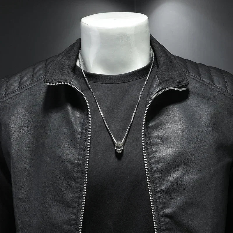 Men's Leather Motorcycle Jacket Standing Collar Fashion Trend Personalized Faux Leather Coat Stylish Biker Outerwear