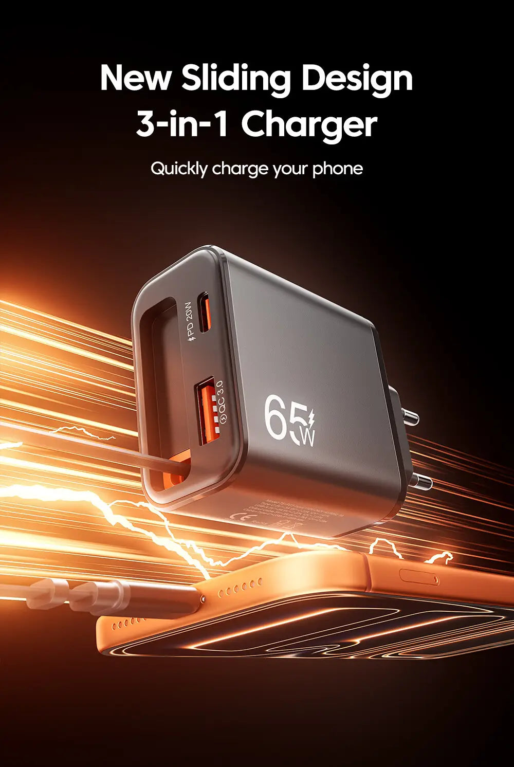 Cargador rápido para teléfono negro de 65 W con diseño deslizante 3 en 1, con dos puertos USB-C y un puerto USB-A, que incorpora un cable retráctil para un uso conveniente.