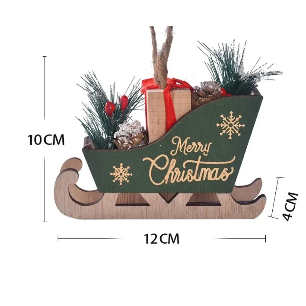 Wooden Christmas Sleigh Decoration Set Xmas Tree Hanging Ornaments Tabletop Display Rustic Holiday Home Decor Party Favors