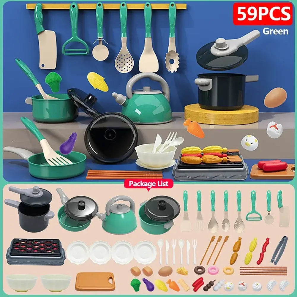 Set für das Rollenspiel in der Kinderküche aus grünem Kunststoff mit verschiedenen Utensilien, Töpfen, Pfannen und Lebensmitteln für Kochspielzeug.