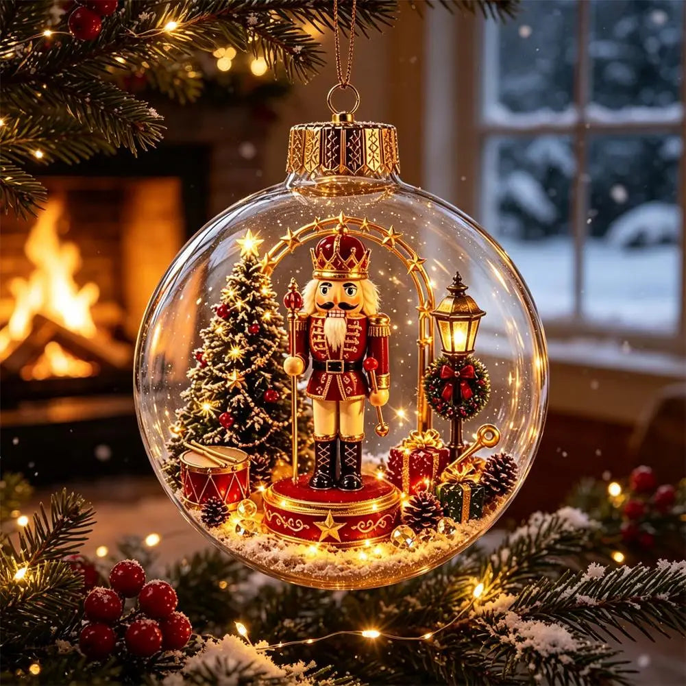 Eine festlich leuchtende Weihnachts-Globuszierkugel zeigt eine detaillierte Nussknacker-Figur in Rot und Gold neben einem miniatur dekorierten Baum, einer Laterne, Geschenken und Tannenzapfen in ihrer transparenten, unzerbrechlichen Glassphäre.