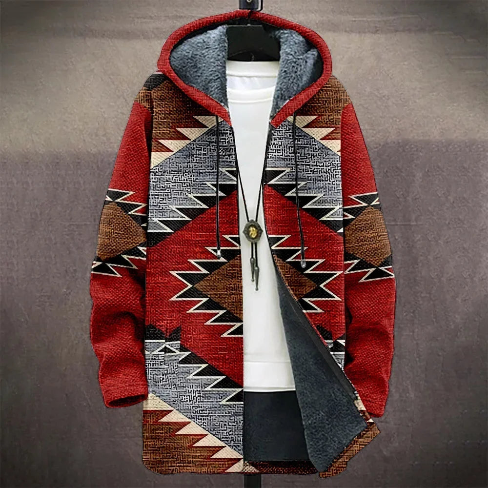 Men Jacket Cardigans Coats Printed Native Retro Aztec Graphics Mid Trench Outdoors Fleece Winter Casual Streetwear Clothing