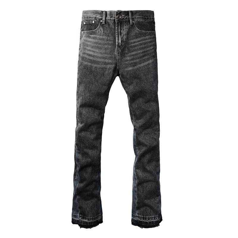 Men flare jeans in distressed dark gray denim with a straight-leg cut and frayed hems.