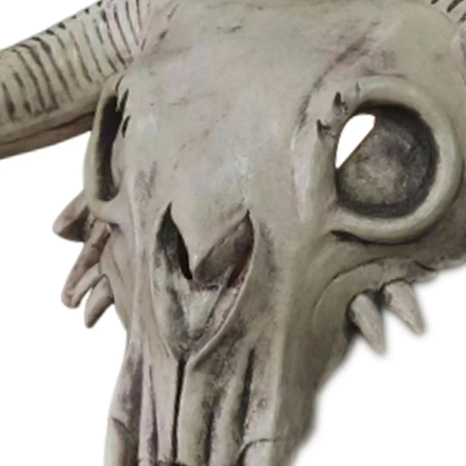 Gray stone-like halloween cosplay mask featuring a textured surface and prominent horns designed as a creepy ram skull headpiece for cosplay use.