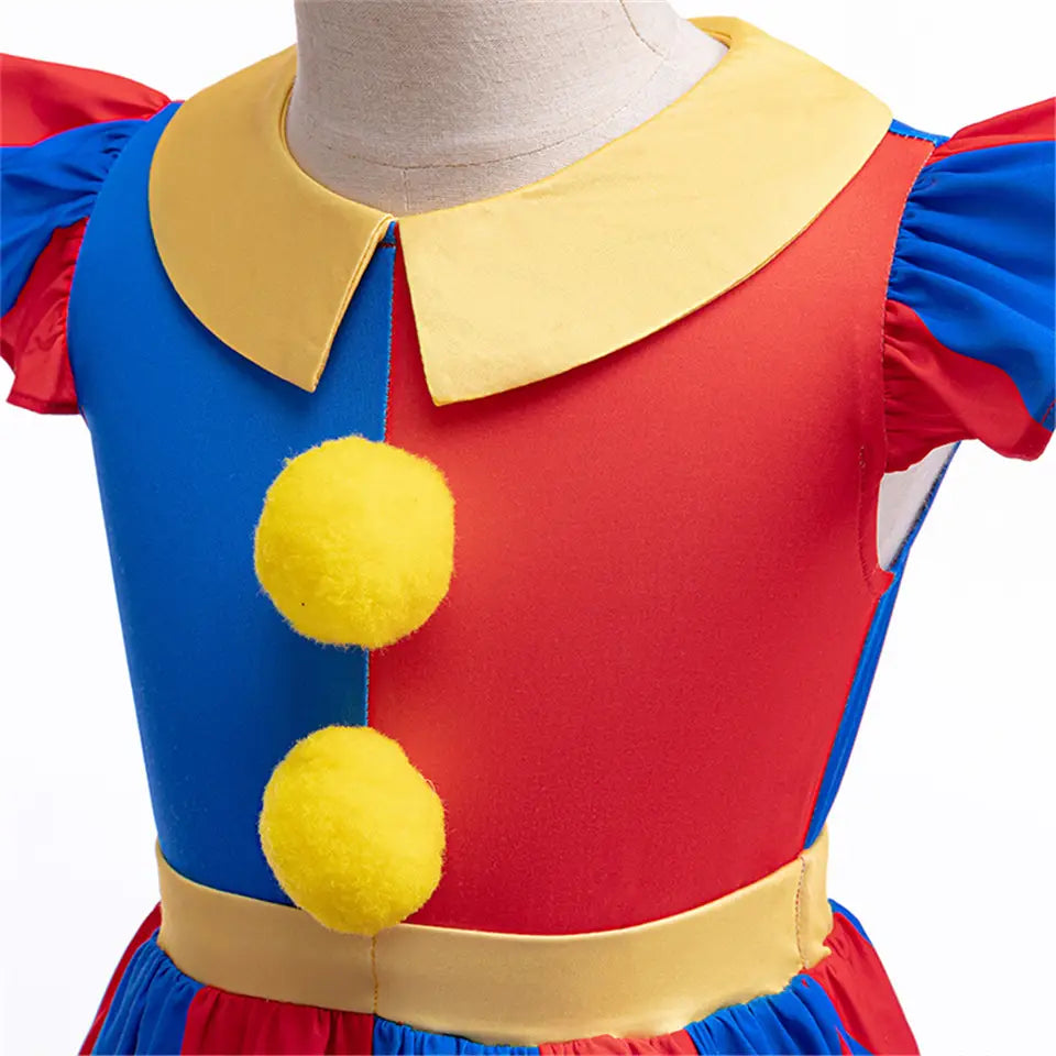 pomni clown costume dress in vibrant red and blue with yellow collar belt and pom-pom buttons displayed alongside size chart for children.