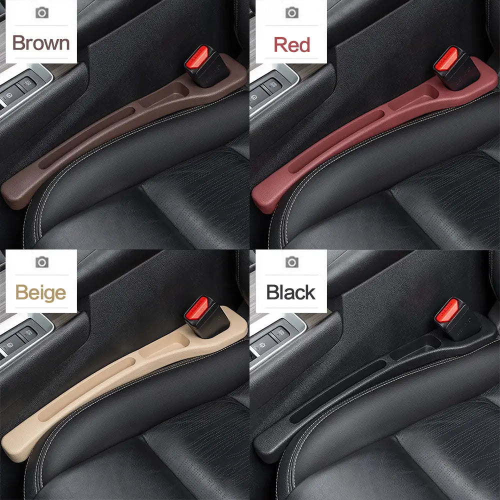 Organisateurs de ceinture de sécurité pour siège de voiture en aspect cuir marron, rouge, beige et noir, avec un design incurvé élégant, présentés comme un lot de 2 organisateurs d’interstice de siège en caoutchouc.
