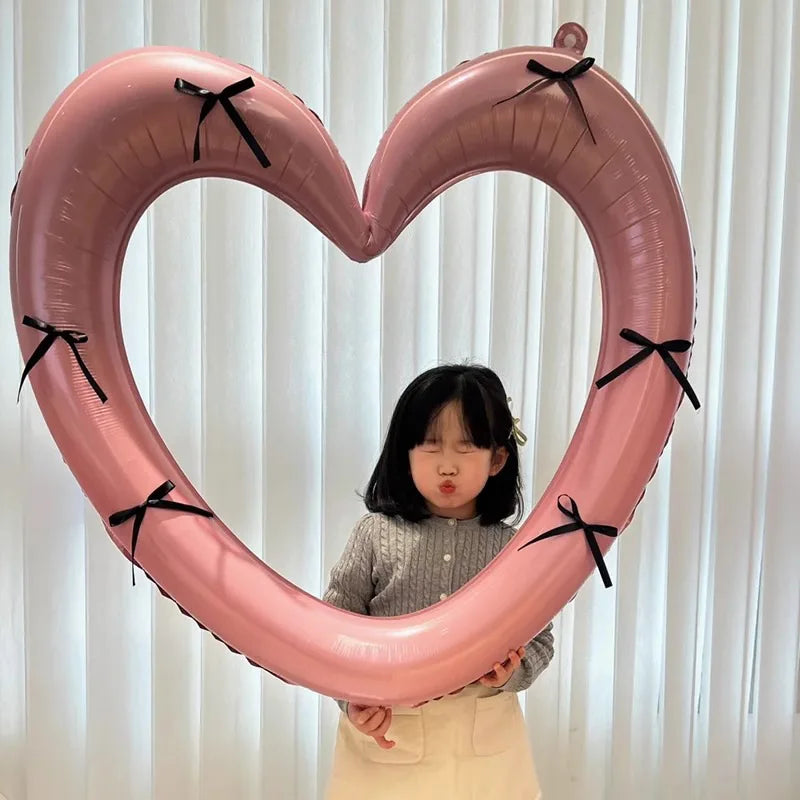 Happy Birthday Heart Photo Frame Balloon with Bowknot Stickers Girlsfriend Birthday Party Photo Props Wedding Ballon Decoration