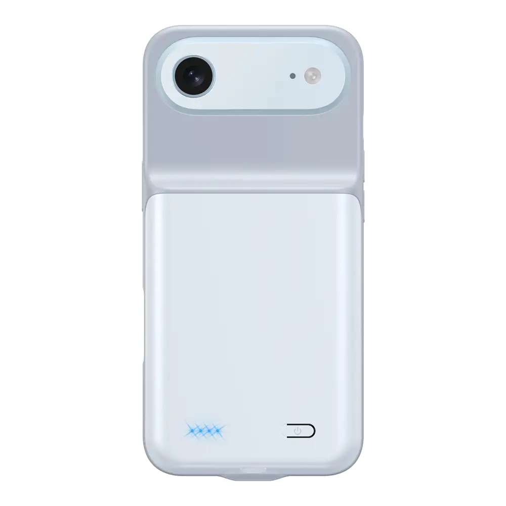 Weiße Pro-Max-Akku-Ladehülle für iPhone 16- und 17-Serien, die die Rückseite mit integriertem Akkupack und Kameraausschnitt zeigt.
