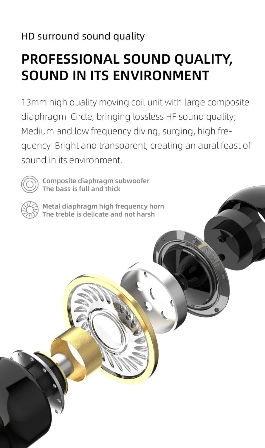 high-quality 13mm moving coil driver with composite diaphragm and metal components in wireless ear hook sport earbuds bluetooth 5.2.