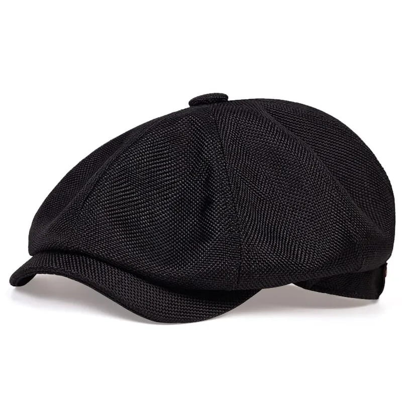 Schwarze strukturierte Fischgrät-Tweed-Schiebermütze mit einem strukturierten Acht-Panel-Design und einem kleinen Knopf oben im Vintage-Peaky-Blinders-Berettdesign.