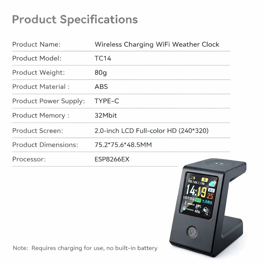 Black abs plastic wifi weather clock and wireless charger desk stand with a 2.0-inch full-color hd screen displaying time date temperature and battery level.