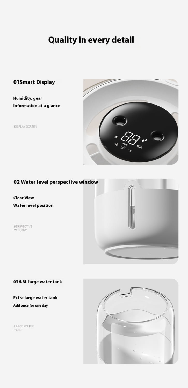 Humidificador de aire cilíndrico inteligente de doble niebla de 3,8 l en color blanco, con una pantalla digital circular negra que muestra lecturas de humedad y temperatura, una ventana transparente del nivel de agua y un depósito extra grande de 3,8 l para un uso prolongado.