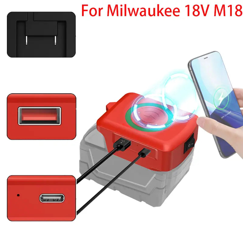 Chargeur sans fil pour téléphone Milwaukee 18 V avec batterie externe, en rouge et gris, doté de plusieurs ports USB pour charger des appareils.
