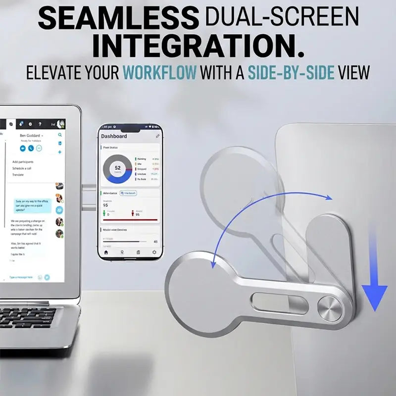 Silberner Aluminium-Magnet-Phonehalter mit nahtlosem Dual-Screen-Seiten-an-Seiten-Integrationsdesign zur Verwendung am Laptop