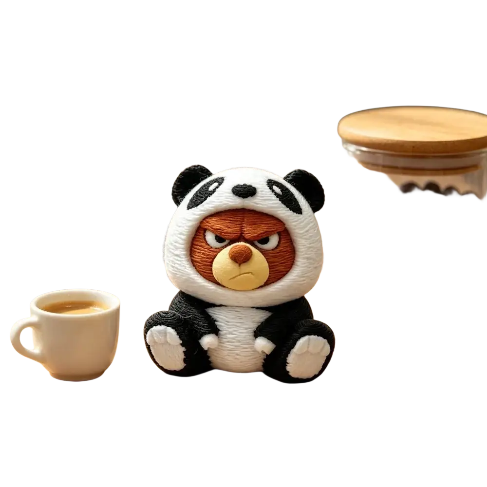 A plush panda figurine with black and white yarn body and stitched angry expression sits on a wooden tray front view