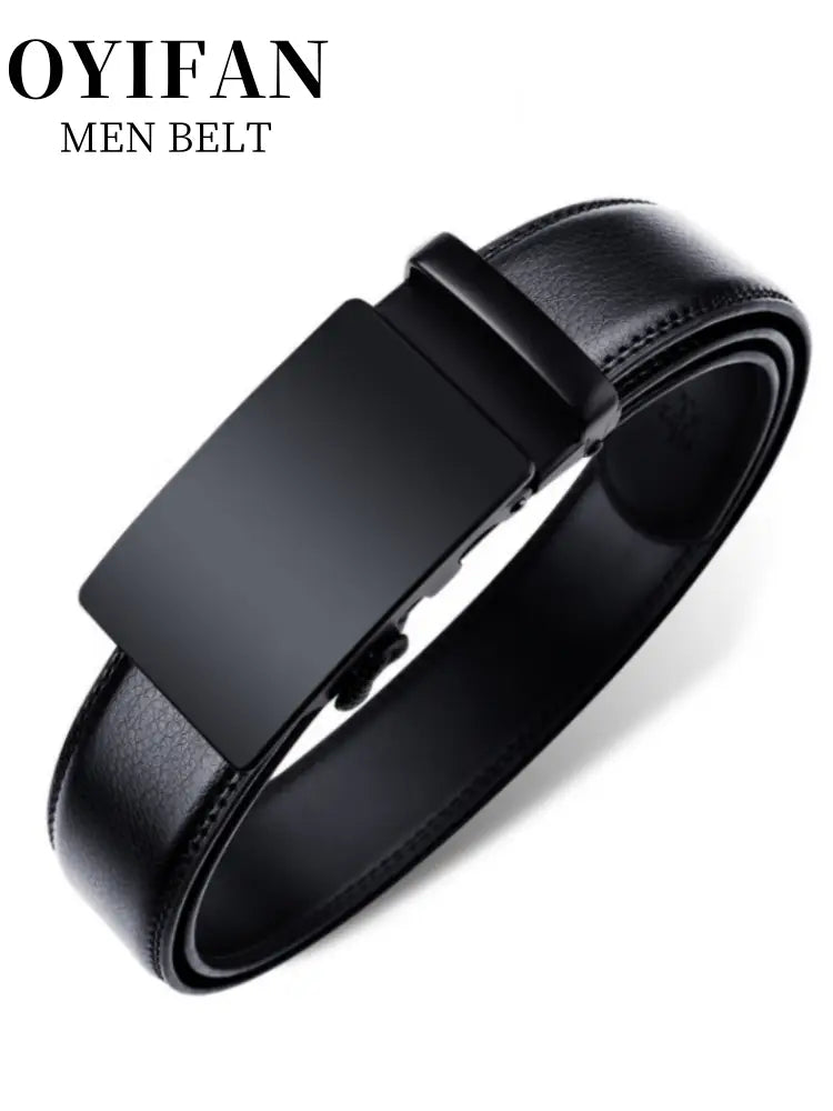 Black Oyifan ratchet leather belt for men featuring a smooth leather strap and a sleek matte-finish automatic buckle.