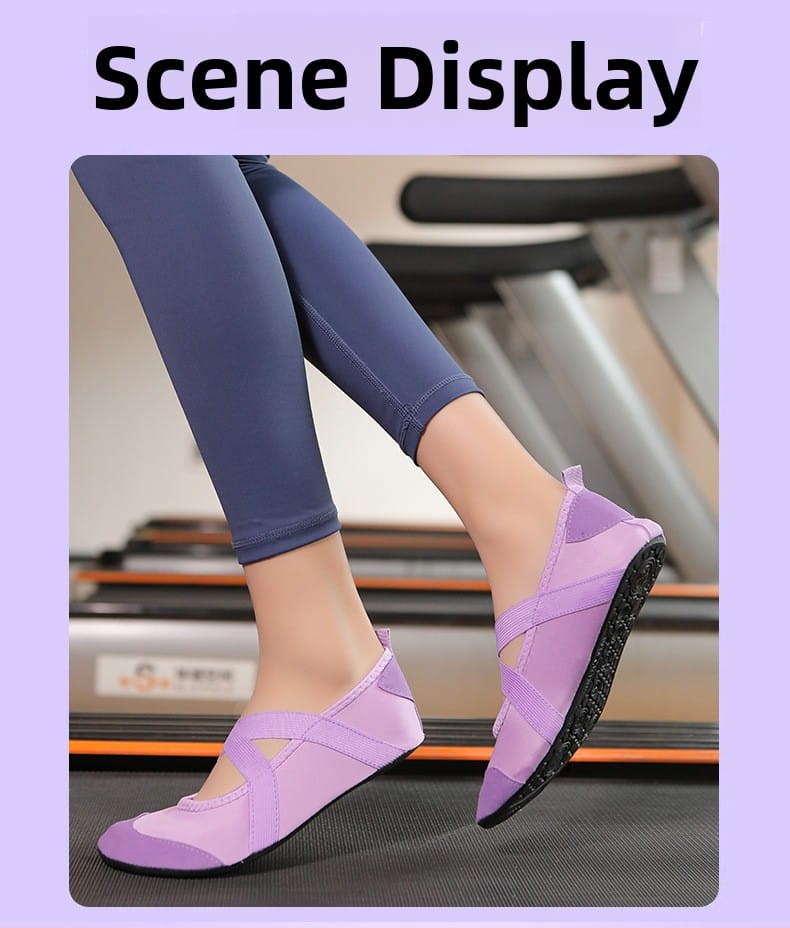 Purple cross-strapped women yoga shoes with anti-slip black rubber sole and toe cap designed for fitness flats.
