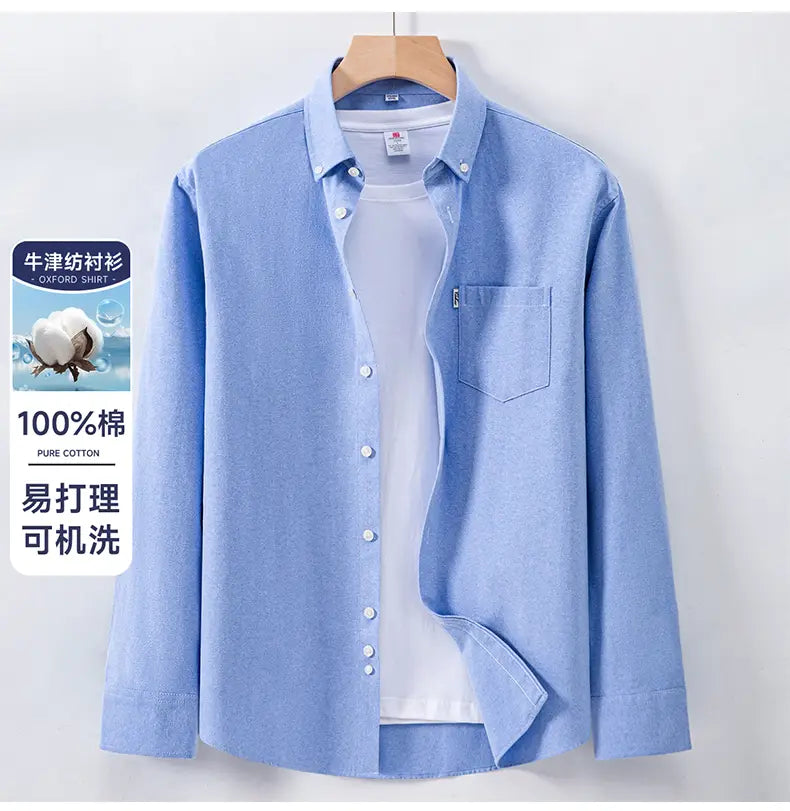 Light blue men cotton oxford long sleeve casual shirt made of 100 percent pure cotton with a classic button-down collar and front placket.